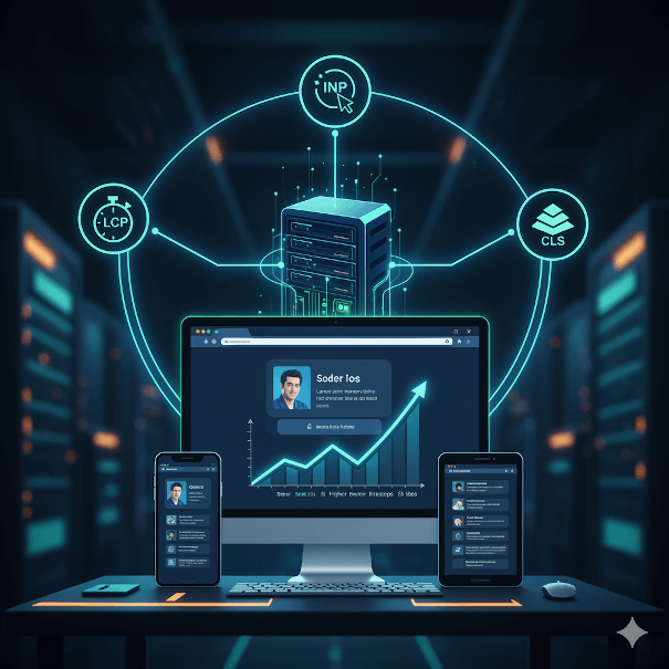 Sunucu optimizasyonu ile LCP, INP ve CLS temel web vitalleri metriklerinin iyileştirilmesini temsil eden grafik.